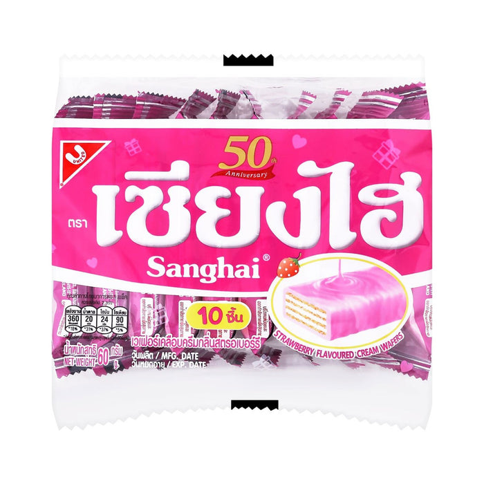 SANGHAI Wafer with Strawberry Cream Coat 6 g. Pack 10